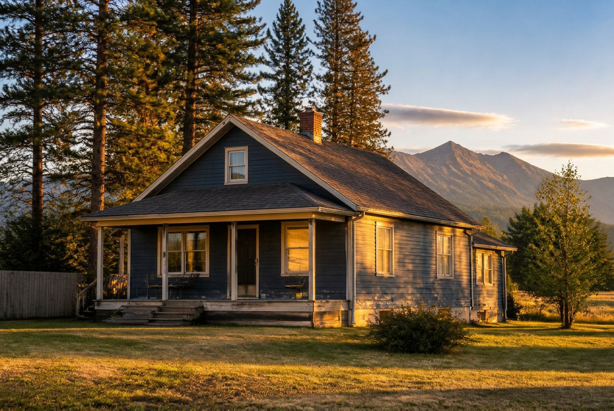 Older home at golden hour with pine trees and a mountain ridge behind it